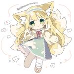  1girl :t animal_ear_fluff animal_ears ankle_socks aqua_hairband aqua_skirt arknights blonde_hair bobby_socks brown_footwear cardigan closed_mouth cross-laced_clothes cross-laced_skirt cross-laced_slit fox_ears fox_girl fox_tail frilled_hairband frills full_body green_eyes hairband high-waist_skirt kitsune kyuubi long_sleeves mary_janes multicolored_hair multiple_tails naguru_(cyoroama) neck_ribbon official_alternate_costume open_cardigan open_clothes puffy_long_sleeves puffy_sleeves red_ribbon ribbon shirt shoes skirt socks solo suzuran_(arknights) suzuran_(spring_praise)_(arknights) tail two-tone_hair white_hair white_shirt white_socks yellow_cardigan 