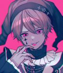  1boy buttons collar commentary facial_tattoo fingernails frilled_collar frills hat highres jester_cap kinomi_3030 long_sleeves looking_at_viewer male_focus official_alternate_costume pink_background pink_eyes project_sekai short_hair solo star-shaped_pupils star_(symbol) string symbol-shaped_pupils tattoo teeth tenma_tsukasa tongue tongue_out upper_teeth_only 