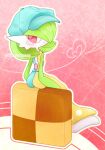  1girl arms_at_sides artist_name bare_shoulders blue_dress blue_headwear blush bob_cut cabbie_hat checkerboard_cookie closed_mouth clothed_pokemon commentary_request cookie dress food from_behind gardevoir gardevoir_(cafe) gradient_background green_hair hair_over_one_eye happy hat heart highres looking_at_viewer looking_back one_eye_covered outline oversized_food oversized_object partial_commentary pink_background pokemon pokemon_(creature) pokemon_(game) pokemon_unite red_eyes short_hair sitting sleeveless sleeveless_dress smile solo split_mouth twitter_username two-tone_dress watermark white_outline yellow_dress yuri_(pixiv_76483886) 