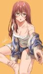  1girl bare_legs bare_shoulders barefoot blue_panties breasts brown_eyes brown_hair cleavage glasses hair_over_shoulder hand_on_own_foot highres jacket kukiha lace-trimmed_panties lace_trim legs long_hair long_sleeves looking_at_viewer medium_breasts mole mole_under_eye no_pants off_shoulder open_clothes open_jacket original outstretched_arm panties plaid plaid_jacket signature simple_background sitting solo strap_slip tank_top underwear white_tank_top yellow_background 