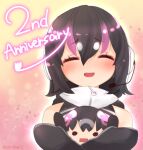  african_penguin_(kemono_friends) animal_hood anniversary bare_shoulders black_hair coroha elbow_gloves gloves hood humboldt_penguin_(kemono_friends) kemono_friends kemono_friends_v_project looking_at_viewer microphone multicolored_hair open_mouth penguin_girl penguin_hood purple_hair short_hair simple_background smile stuffed_toy two-tone_hair virtual_youtuber zipper 