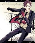  1boy arm_out_of_sleeve belt black-framed_eyewear black_belt black_jacket black_necktie black_pants blood blood_on_clothes brown_hair buttons chain-link_fence collared_shirt fence glass_shards glasses gloves green_eyes highres hypnosis_mic iruma_jyuto jacket long_sleeves male_focus mitsu3_haya necktie open_clothes open_jacket open_mouth pants red_gloves semi-rimless_eyewear shirt short_hair teeth upper_teeth_only walkie-talkie white_shirt 