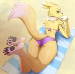  2023 anthro badenov bandai_namco beach_towel bikini black_claws black_pawpads black_sclera breasts butt canid claws clothed clothing digimon digimon_(species) eyebrows female finger_claws fingers fur hi_res looking_at_viewer looking_back looking_back_at_viewer mammal multicolored_body multicolored_fur pawpads purple_bikini purple_bikini_bottom purple_bikini_top purple_clothing purple_swimwear renamon solo swimwear tail towel two_tone_body two_tone_fur white_body white_ears white_fur yellow_body yellow_butt yellow_ears yellow_fur yellow_tail 
