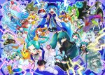  6+girls aqua_hair artist_name black_gloves black_skirt black_thighhighs blastoise blue_background blue_eyes blue_hair blue_headwear blue_necktie bug_miku_(project_voltage) charizard closed_mouth colored_eyelashes commentary crown dark_miku_(project_voltage) detached_sleeves double_bun doughnut_hair_bun dragon_miku_(project_voltage) eevee electric_miku_(project_voltage) eyelashes facing_to_the_side fairy_miku_(project_voltage) fighting_miku_(project_voltage) fire_miku_(project_voltage) flower flying_miku_(project_voltage) ghost_miku_(project_voltage) glitch gloves grass_miku_(project_voltage) green_eyes green_hair green_jacket ground_miku_(project_voltage) hair_between_eyes hair_bun hair_flower hair_ornament hair_over_one_eye hat hatsune_miku holding holding_poke_ball holding_umbrella holding_weapon ice_miku_(project_voltage) jacket leaf lightning_bolt_symbol long_hair microphone multicolored_hair multiple_girls necktie normal_miku_(project_voltage) one_eye_closed open_mouth pikachu pink_hair pleated_skirt poison_miku_(project_voltage) poke_ball poke_ball_symbol pokemon pom_pom_(cheerleading) project_voltage psychic_miku_(project_voltage) purple_eyes purple_hair red_eyes red_flower red_gloves rock_miku_(project_voltage) skirt sleeves_past_wrists smile steel_miku_(project_voltage) suit sun_hat teeth thighhighs twintails two-tone_hair umbrella v-shaped_eyebrows venusaur very_long_hair vocaloid water_miku_(project_voltage) watermark weapon white_headwear white_leg_warmers white_suit yellow_eyes yukari_(yukari21653710) 