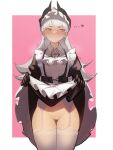  1girl absurdres alternate_costume apron arknights black_dress black_gloves clothes_lift commission cowboy_shot distr dress dress_lift enmaided garter_straps gloves grey_eyes grey_hair head_wings heart highres irene_(arknights) irene_(voyage_of_feathers)_(arknights) lifted_by_self long_hair long_sleeves maid maid_apron maid_headdress no_panties official_alternate_costume pussy simple_background skirt skirt_hold skirt_lift solo standing thighhighs white_apron white_thighhighs wings 