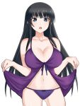  1girl bare_shoulders black_hair blue_eyes breasts highres ikaruga_(senran_kagura) large_breasts lingerie long_hair looking_at_viewer navel open_mouth panties purple_panties senran_kagura senran_kagura_shoujo-tachi_no_shin&#039;ei solo underwear underwear_only white_background zatsu 