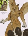  2023 abs anthro avian beak biped bird brown_beak brown_body brown_eyes brown_feathers bubo_(genus) crotch_tuft digital_media_(artwork) feathered_wings feathers featureless_crotch great_horned_owl hi_res kogito male muscular muscular_anthro muscular_male owl pecs reference_image simple_background solo standing talons tan_body tan_feathers tongue true_owl tuft white_background wings 