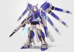  1girl absurdres animal_ears armor beam_rifle blue_hair breasts char&#039;s_counterattack char&#039;s_counterattack_-_beltorchika&#039;s_children closed_eyes commentary_request crossover energy_gun fin_funnels full_body godolphin_barb_(umamusume) grey_background grin gun gundam hair_intakes hi-nu_gundam highres holding holding_gun holding_weapon horse_ears horse_girl horse_tail kio_naoki long_hair mecha_musume medium_breasts parody parted_bangs shield sidelocks signature smile solo standing tail umamusume weapon 