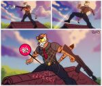  absurd_res accident anthro ballbusting balls_outline bulge bullet clothed clothing cloud cock_and_ball_torture comic detailed_background epic_games felid fortnite fur genital_outline genital_torture hi_res jacket kimero_kat male mammal muscular muscular_anthro muscular_male orange_body orange_fur oscar_(fortnite) ouch pantherine sharp_teeth shooting sky solo striped_body stripes tail teeth tiger topwear weapon yellow_eyes 