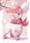  :3 alternate_color alternate_shiny_pokemon animal_focus artist_name blush cherry_blossoms clothed_pokemon commentary commission english_commentary flower full_body glasses hair_flower hair_ornament happy highres ikei looking_at_viewer no_humans one_eye_closed open_mouth pince-nez pink_background pink_flower pink_hair pokemon pokemon_(creature) purple-framed_eyewear purple_eyes red_scarf round_eyewear scarf shaymin shaymin_(land) short_hair signature simple_background smile solo standing 
