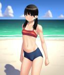  1girl beach bikini black_eyes black_hair blue_bikini blue_sky blurry blurry_background breasts closed_mouth cloud cloudy_sky commentary cowboy_shot day depth_of_field hair_over_shoulder halterneck highres horizon light_frown looking_at_viewer low_twintails maburu_(lojyq1eur3e8bit) medium_hair mismatched_bikini navel ocean original outdoors red_bikini shadow sky small_breasts solo standing swimsuit twintails 