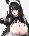  1girl :d ;d animal_ears black-haired_fox_girl_(hayabusa) black_bow black_bowtie black_gloves blue_eyes blush bow bowtie breast_curtains breasts cleavage commentary_request fox_shadow_puppet frills gloves grey_background hand_up hayabusa heart highres huge_breasts looking_at_viewer maid_headdress mole mole_on_breast mole_under_eye one_eye_closed open_mouth original paid_reward_available signature simple_background smile solo upper_body white_headwear 