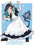  1girl :d alternate_costume apron black_bow black_bowtie black_dress black_footwear black_hair blue_background blue_hair blunt_bangs blush bow bowtie collared_dress commentary_request demon_girl demon_horns demon_tail diagonal_bangs dress drill_hair drill_sidelocks enmaided fang flat_chest frilled_apron frilled_dress frills full_body highres horns long_hair looking_at_viewer maid maid_apron medium_bangs multicolored_hair nanashi_inc. open_mouth pocket pointy_ears puffy_short_sleeves puffy_sleeves red_eyes shishio_chris shoes short_sleeves sidelocks smile solo tail tomatojam two-tone_hair v-shaped_eyebrows virtual_youtuber white_apron 