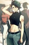  1girl :d abs absurdres bare_arms belt black_belt black_shirt blurry blurry_background blush bright_pupils brown_eyes cellphone cropped_shirt denim earrings green_hair green_pants hand_up highres holding holding_phone jeans jewelry long_hair madoro_q midriff mixed-language_commentary navel open_mouth pants phone pokemon pokemon_(game) pokemon_sv ponytail rika_(pokemon) shirt sleeveless sleeveless_shirt smile teeth upper_teeth_only white_pupils 