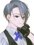  1boy black_gloves black_vest blue_eyes closed_mouth collared_shirt cross_tie expressionless gloves grey_hair hair_behind_ear hair_between_eyes hand_to_own_mouth hand_up highres looking_at_viewer male_focus shirt short_hair simple_background solo swept_bangs toinana touken_ranbu upper_body vest white_background white_shirt yamanbagiri_chougi 