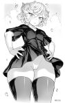  1girl breasts cameltoe cloud collarbone commentary cosplay curled_horns curly_hair dragon_horns from_below hair_between_eyes hands_on_own_hips highleg highleg_panties highres horns ilulu_(maidragon) ilulu_(maidragon)_(cosplay) kobayashi-san_chi_no_maidragon mogudan monochrome one-punch_man outdoors panties parted_lips short_hair short_sleeves small_breasts solo tatsumaki thick_thighs thighhighs thighs underwear wide_hips wind wind_lift 