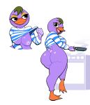  absurd_res anatid animal_crossing anseriform anthro avian bird bottomless butt clothed clothing clothing_lift cooking duck female flashing flashing_breasts front_view hi_res looking_at_viewer lovetopullmicke mallary_(animal_crossing) multiple_poses nintendo one_eye_closed pose rear_view shirt shirt_lift simple_background smug solo topwear white_background wink 