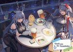  2girls absurdres aegir_(azur_lane) alcohol azur_lane beer beer_mug bowl cityscape commission cross cup english_text fork highres horns iron_cross knife manjuu_(azur_lane) mug multicolored_hair multiple_girls night plate prinz_eugen_(azur_lane) sitting skeb_commission streaked_hair table takinashi_(friend_coffee) 