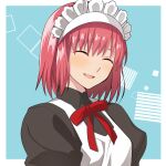  1girl apron black_dress blue_background blush border closed_eyes commentary dress hirakawa hisui_(tsukihime) juliet_sleeves long_sleeves maid maid_apron maid_headdress neck_ribbon open_mouth outside_border puffy_sleeves red_hair red_ribbon ribbon short_hair smile solo tsukihime white_apron white_border 