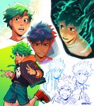  1boy black_jacket black_shirt boku_no_hero_academia closed_mouth commentary double_v drawstring electricity english_commentary freckles full_cowling_(boku_no_hero_academia) green_eyes green_hair green_shorts habkart hand_on_own_neck heart highres hood hood_down hooded_jacket jacket looking_at_viewer making-of_available male_focus midoriya_izuku multiple_views open_clothes open_jacket open_mouth red_footwear shirt shoes short_hair shorts smile tongue tongue_out v white_background 