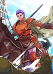  1boy armor armored_boots boots breastplate cloud cloudy_sky facial_hair fire_emblem fire_emblem:_the_blazing_blade gloves highres holding holding_polearm holding_weapon horse horseback_riding looking_at_viewer marcus_(fire_emblem) open_mouth orange_armor outstretched_arm pauldrons polearm purple_hair riding shoulder_armor sky solo_focus sparkartworks weapon 