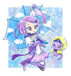  1girl arm_warmers boots bow brooch choker cloud commentary_request cure_sword davi_(dokidoki!_precure) dokidoki!_precure earrings hair_ornament heart heart_brooch high_ponytail hoppetoonaka3 jewelry kenzaki_makoto magical_girl precure purple_choker purple_eyes purple_footwear purple_hair purple_skirt rain raincoat skirt smile spade_hair_ornament umbrella waist_bow 