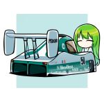  1girl ^_^ absurdres border c.c. car closed_eyes code_geass duz english_commentary french_flag green_background green_hair highres hood hood_down hoodie le_mans_prototype long_hair motor_vehicle peugeot race_vehicle racecar spoiler_(automobile) vehicle_focus very_long_hair white_border white_hoodie world_sportscar_championship 