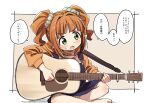  1girl :o barefoot blush brown_background brown_hair commentary_request green_eyes guitar hair_intakes highres holding holding_instrument hood hood_down hoodie idolmaster instrument long_sleeves looking_at_viewer open_mouth orange_hoodie overall_skirt puffy_long_sleeves puffy_sleeves sidelocks sitting solo sweat takatsuki_yayoi translation_request twintails two-tone_background v-shaped_eyebrows white_background yukie_(kusaka_shi) 