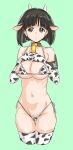  1girl absurdres animal_ears animal_print bell bikini black_hair brown_eyes cameltoe cow_ears cow_horns cow_print cowbell elbow_gloves fake_animal_ears fake_horns girls_und_panzer gloves gotou_moyoko green_background highres horns kuppipi_ramutarou large_areolae micro_bikini navel neck_bell print_bikini short_hair side-tie_bikini_bottom simple_background solo swimsuit thighhighs thong_bikini 