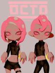  1boy 1girl agent_8_(splatoon) bellhenge bracelet crop_top dark-skinned_female dark-skinned_male dark_skin expressionless full_body jewelry looking_at_viewer octoling octoling_boy octoling_girl pink_eyebrows pink_eyes pink_hair splatoon_(series) splatoon_2 splatoon_2:_octo_expansion tentacle_hair 