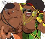  2boys abs bara beckoning brown_hair character_request come_hither dee_jay feet_out_of_frame from_above hair_tattoo happy_birthday hyaku_(g-kawayusu) large_pectorals looking_at_viewer male_focus multiple_boys muscular muscular_male outstretched_hand pectoral_docking pectoral_press pectorals short_hair smile street_fighter street_fighter_6 strongman_waist sunglasses thick_eyebrows 