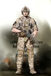  1boy absurdres american_flag ammunition_pouch artist_name assault_rifle blue_eyes blurry blurry_foreground body_armor boots brown_footwear brown_gloves brown_headwear brown_pants brown_shirt camouflage camouflage_headwear camouflage_pants camouflage_shirt chin_strap closed_mouth collarbone collared_shirt combat_boots combat_helmet commentary cross cross-laced_footwear desert_camouflage dickbomber digital_camouflage english_commentary english_text facial_hair fatigues full_body gloves gradient_background grey_gloves gun h&amp;k_hk416 headset helmet highres holding holding_gun holding_weapon knee_pads lace-up_boots lips load_bearing_vest logo looking_at_viewer magazine_(weapon) male_focus microphone military nose optical_sight original pants patch plate_carrier polearm pouch radio rifle serious shirt short_sleeves soldier solo standing straight-on trident two-tone_gloves united_states_navy vertical_foregrip weapon white_background zipper 