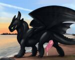  black_body bodily_fluids charliemcarthy claws dragon dreamworks erection feral genitals hi_res how_to_train_your_dragon looking_at_viewer male membrane_(anatomy) membranous_wings night_fury penis scalie solo tail toothless western_dragon wings 