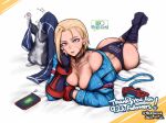  1girl ahoge ass battery_indicator blonde_hair blue_eyes blue_jacket breasts cammy_white cat cellphone cellphone_charm charm_(object) choker cleavage controller dated english_commentary english_text fingerless_gloves flying_sweatdrops game_controller gloves head_rest hershuar huge_ahoge jacket looking_at_viewer lying no_pants off_shoulder on_stomach panties phone scar scar_on_cheek scar_on_face short_hair smartphone socks street_fighter street_fighter_6 studded_jacket thank_you twitter_username underwear union_jack_print 