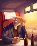  absurd_res anthro beverage black_clothing black_topwear blue_clothing blue_jacket blue_topwear clothed clothing dragon front_view hi_res horn inside jacket kuttoyaki male mouth_closed orange_body sitting solo topwear white_horn yellow_body yellow_eyes 