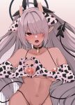  1girl absurdres animal_ears animal_print bell bikini blue_archive blush breasts cow_ears cow_girl cow_horns cow_print dark-skinned_female dark_skin demon_tail fake_animal_ears fake_horns hair_over_one_eye halo heart-shaped_boob_challenge highres horns houmatu_awa iori_(blue_archive) lactation long_bangs looking_at_viewer medium_breasts micro_bikini navel neck_bell one_eye_covered open_mouth pointy_ears solo standing swimsuit tail teeth thong_bikini tongue twintails upper_body 