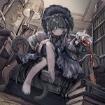  1girl alcohol animal_ears armchair blue_eyes bonnet book book_stack bookshelf bow cat_ears cat_tail chair cup dress drinking_glass feet frills grey_hair hair_bow hair_intakes indoors lamp lolita_fashion long_hair looking_at_viewer neoki_ohae original painting_(object) pantyhose parted_lips pouring purple_dress quill sitting soles solo table tail twitter_username very_long_hair watermark white_pantyhose wine wine_glass 