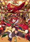  &gt;_&lt; 2girls benienma_(fate) bird box brown_eyes brown_hair chibi commentary_request confetti drawing_sword fate/grand_order fate_(series) feather_trim food fujimaru_ritsuka_(female) geta highres holding holding_sword holding_weapon ishico katana midair multiple_girls nora_(norabox) open_mouth orange_eyes platform_footwear revision sheath smile solo sparrow sword unsheathing weapon wide_sleeves 