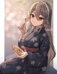  1girl alternate_costume artist_name black_kimono brown_eyes commentary_request floral_print food grey_hair hair_ornament hairband hairclip haruna_(kancolle) japanese_clothes kantai_collection kimono obi sash sitting smile solo takoyaki white_hairband wss_(nicoseiga19993411) yukata 