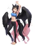  1girl abs alternate_costume animal_ears armpits arms_up barefoot black_hair black_wings blue_sports_bra breasts commentary_request highres horse_ears horse_girl horse_tail kurokoma_saki leggings long_hair medium_breasts midriff musical_note navel pants ponytail shinburu simple_background solo sports_bra sportswear tail toned touhou very_long_hair white_background wings wolf wolf_spirit_(touhou) yoga_pants 