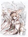  1girl animal_ear_fluff animal_ears arknights blonde_hair closed_mouth colored_tips flower fox_ears fox_girl fox_tail green_eyes hair_flower hair_ornament hairband highres holding holding_staff japanese_clothes kimono kitsune kyuubi long_hair long_sleeves looking_at_viewer mashiro_(mashilolicon) multicolored_hair multiple_tails obi official_alternate_costume pink_kimono red_hairband sash smile solo staff suzuran_(arknights) suzuran_(yukibare)_(arknights) tail two-tone_hair upper_body white_hair wide_sleeves 