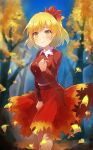  aki_shizuha artist_request autumn autumn_leaves blonde_hair blue_sky blush blush_stickers buttons clenched_hand closed_mouth collar collared_shirt hair_ornament hand_on_own_chest leaf_hair_ornament long_sleeves looking_at_viewer miniskirt official_art pocket red_shirt red_skirt shirt short_hair skirt sky smile touhou touhou_cannonball tree white_collar yellow_eyes 