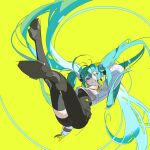  1girl absurdres asymmetrical_legwear black_bodysuit black_pants blue_eyes blue_hair bodysuit commentary cropped_jacket english_commentary falling floating_hair gloves goodsmile_racing hatsune_miku highres jacket legs_up long_hair looking_at_viewer midair pants race_queen racing_miku racing_miku_(2022) smile solo thighs twintails very_long_hair vocaloid white_jacket yellow_background yoneyama_mai 