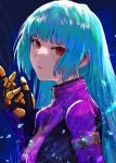  1girl blue_hair blunt_bangs bodysuit from_side gloves highres kula_diamond looking_at_viewer portrait purple_bodysuit red_eyes sidelocks solo the_king_of_fighters turtleneck yuu_(primenumber7) 