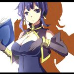  1girl bare_shoulders book bracelet breasts cleavage dress earrings elbow_gloves fire_emblem fire_emblem:_the_blazing_blade gloves gold_trim hand_on_own_face holding holding_book jewelry kisara_mikami large_breasts looking_at_viewer mature_female purple_eyes purple_hair short_hair silhouette simple_background solo upper_body ursula_(fire_emblem) 