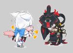  akanbe animal_ears bell black_eyes black_hair blue_bow bow carrying carrying_under_arm chibi dobrynya_nikitich_(fate) fate/grand_order fate_(series) fox_tail from_behind grey_background hair_bell hair_ornament koyanskaya_(assassin)_(first_ascension)_(fate) koyanskaya_(foreigner)_(first_ascension)_(fate) long_hair metal_boots middle_finger multicolored_hair pink_hair red_pupils sword tail tongue tongue_out two-tone_hair uirou_(yomogi_aji) weapon white_hair 