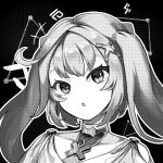  1girl :o cowlick faruzan_(genshin_impact) genshin_impact greyscale hair_ornament highres light_blush long_hair looking_at_viewer monochrome naphele_yun no_nose outline parted_lips portrait screentones simple_background solo twintails white_outline x_hair_ornament 