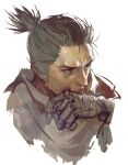  1boy beard black_hair dcanine_(blackdo70460708) eyelashes facial_hair grey_scarf joints male_focus ninja prosthesis prosthetic_arm scarf sekiro sekiro:_shadows_die_twice solo topknot upper_body white_background wiping_mouth 