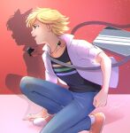  1boy adrien_agreste bag black_shirt blonde_hair blue_pants green_eyes jewelry miraculous_ladybug necklace open_mouth pants plagg_(miraculous_ladybug) shirt shoes shoulder_bag smile sneakers tomm0515 