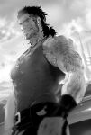  1boy bara beard covered_abs covered_nipples facial_hair final_fantasy final_fantasy_xv from_below from_side gladiolus_amicitia greyscale grin hair_slicked_back karipaku large_pectorals looking_at_viewer looking_down male_focus mature_male medium_hair monochrome muscular muscular_male pectorals smile solo sweat tank_top 
